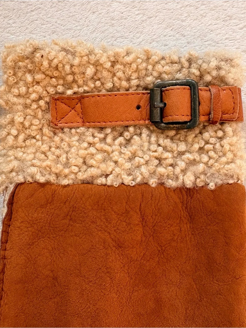 Nordstrom Tan Shearling-Lined & Trimmed Suede Gloves with Buckle Accent